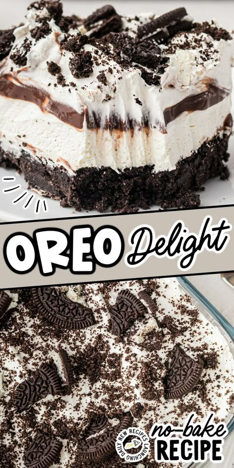 Oreo Delight Oreo Pudding Dream Bars, Chocolate Yummy Dessert, Chocolate Delight With Oreo Crust, Oreo Cookie Trifle Dessert, Oreo Pie Dessert, Thanksgiving Desserts Oreo, Easy Dessert Recipes For Parties, Oreo Cream Dessert, Oreo Cheesecake Desserts