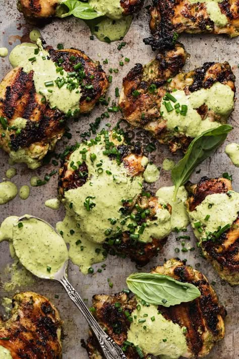 These grilled boneless chicken thighs are marinated in an herby green goddess sauce and then grilled to perfection. Served with the creamy green goddess on top, they're a delicious summer meal or BBQ meal! Can also use chicken breasts and is a gluten free and dairy free dinner. Healthy Chicken Thigh Dinner, Grilled Chicken Thighs Boneless, Grilled Boneless Chicken Thighs, Green Goddess Chicken, Green Goddess Sauce, Grilled Chicken Thigh Recipes, Divine Recipes, Mexican Grilled Chicken, Chicken Thighs Dinner