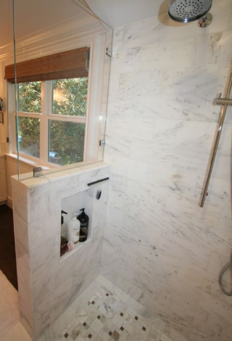 small storage nook in 1/2 wall could work Shower Half Wall With Niche, Shower Pony Wall, Vanity Tower, Storage Nook, Half Wall Shower, Master Suite Remodel, Bathroom Beautiful, Guest Bathroom Remodel, Pony Wall