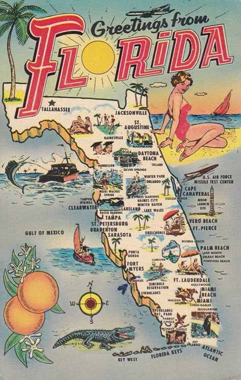 Old Florida 1965 Florida Poster, Florida Map, Vintage Postcards Travel, Postal Vintage, Florida Art, Map Of Florida, Travel Postcard, Florida Living, Jules Verne