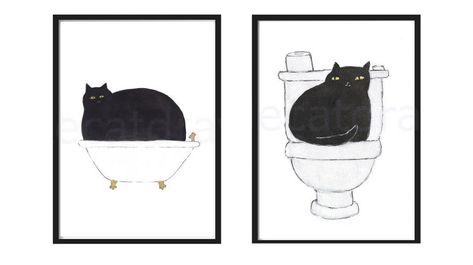 Cat In Bathroom Drawing, Black Cat Bathroom Art, Cat Bathroom Art, Bathroom Art Ideas Paintings, Bathroom Wall Art Painting, Cat Bathroom Decor, Bath Drawing, Black Cat Watercolor, Cat Washing