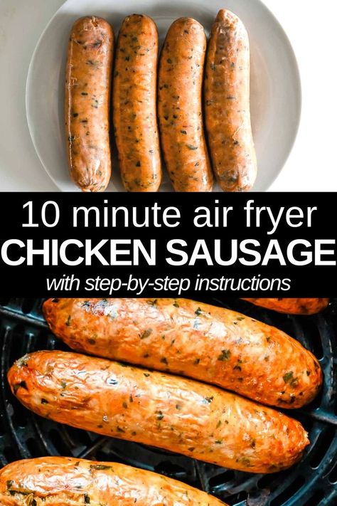 collage photo pin showing uncooked chicken sausage on top and cooked air fryer chicken sausage on the bottom with text in between. Chicken Apple Sausage Air Fryer, Air Fry Chicken Sausage, Chicken Sausage In Air Fryer, Costco Chicken Sausage Recipe, Chicken Apple Sausage Recipes, Aidells Chicken Apple Sausage, Air Fryer Chicken Sausage, Healthy Air Fryer Chicken, Breville Oven