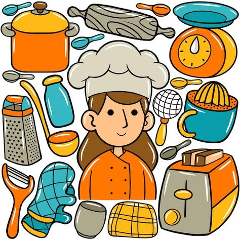 Woman chef kawaii doodle vector illustra... | Premium Vector #Freepik #vector #cooking-cartoon #doodle-character #kids-sketch #chef-cartoon Chef Drawing Sketches, Cookery Design, Chef Doodle, Chef Drawing, Cooking Cartoon, Kids Sketch, Chef Cartoon, Kawaii Doodle, English Learning Books