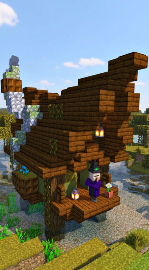 I transformed a minecraft witch hut :) Which Hut Minecraft, Minecraft Upgraded Witch Hut, Swamp Hut Minecraft, Minecraft Witch Hut Ideas, Witches Hut Minecraft, Minecraft Witch House Ideas, Witch Hut Minecraft, Hut Minecraft, Minecraft Pretty