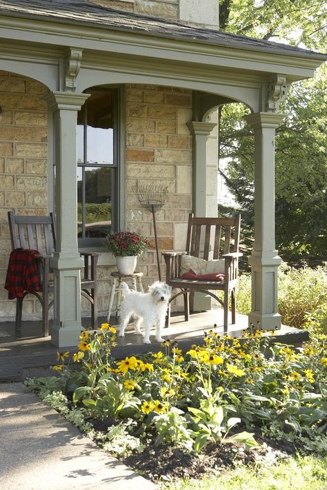 . Southern Covered Back Porch, Cottage Porch Columns, Front Porch Arches Columns, Arched Porch Columns, Green Porch Paint, Decorative Columns Outdoor, Sage Green Exterior Trim, Front Porch Arches, Front Porch Corbels