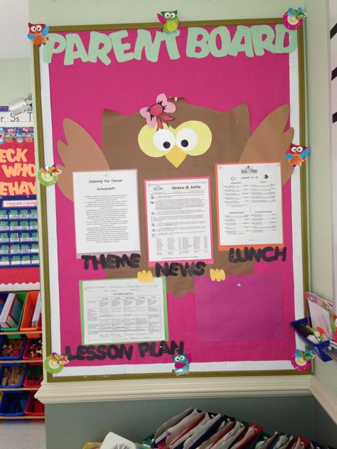 Parents Info Board... @Aimée Gillespie Lemondée Gillespie Lemondée Gillespie Driver Infants Classroom Ideas, Classroom Ideas Decor, Communication Board Ideas, Parent Communication Board, Infant Bulletin Board, Toddler Bulletin Boards, Cork Board Ideas, Parent Board, Owl Theme Classroom