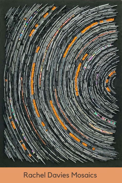 The image shows a mosaic created using a series of concentric circles. Pieces of slate and pieces of orange and iridescent glass have been used to create the mosaic. At the bottom of the image, the artist's name is written, Rachel Davies Mosaics. Trails In The Sky, Chester Cathedral, Modern Mosaic, Mosaic Madness, Modern Mosaics, Concentric Circles, Star Trails, Mosaic Artwork, Comic Drawing