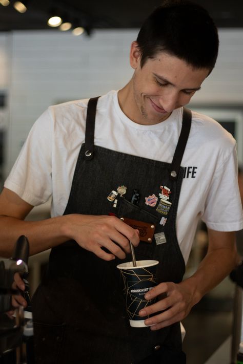 BonLife coffee Roasters award winning cafe employee spotlight specialty barista. Barista Pose Reference, Cafe Employee, Barista Photography, Male Barista, Drink Flavors, Employee Spotlight, Quiet House, Specialty Coffee Drinks, Drinking Black Coffee