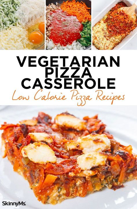 This Vegetarian Pizza Casserole is seriously the most epic pizza casserole recipe you'll ever have! | low calorie pizza recipes | vegetarian pizza recipes | easy casseroles | @skinnyms #casserole #lowcal #vegetarian #skinnyms #recipes Skinnyms Recipes, Pescatarian Dinners, Pizza Alternatives, Vegetarian Casserole Recipes, Calories Pizza, Low Calorie Pizza, Vegetarian Pizza Recipe, Easy Casseroles, Meat Meals