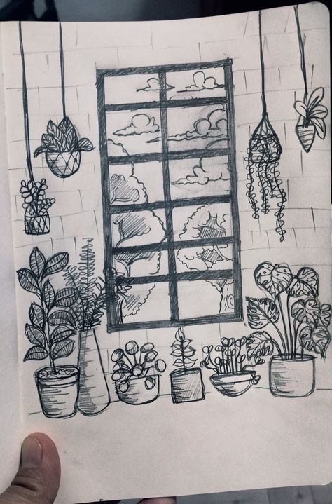 #plant #window #drawing # sketch Window Drawing Sketch, Window Doodle, Greenhouse Drawing, Window Drawing Ideas, Window Drawings, Window Sketch, Table Drawing, Plant Sketches, Sketch Practice