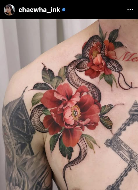 Colored Peony Tattoo, Peony Snake Tattoo, Red Peony Tattoo, Red Floral Tattoo, Peony Flower Tattoo, Japanese Peony Tattoo, Chest Neck Tattoo, Graphic Tattoos, Peony Flower Tattoos