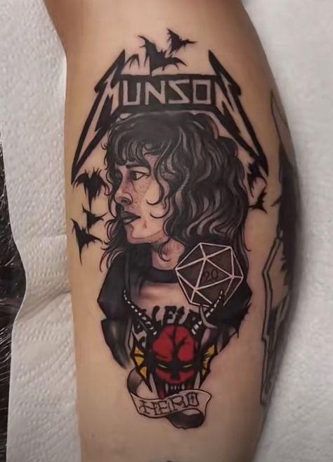 Stranger Things Tattoo Eddie, Stranger Things Matching Tattoos, Stranger Things Tattoo Ideas Simple, Small Stranger Things Tattoo, Stranger Things Tattoo Design, Eddie Munson Tattoo Ideas, Eddie Munson Tattoos, Demogorgon Tattoo, Stranger Things Tattoo Ideas