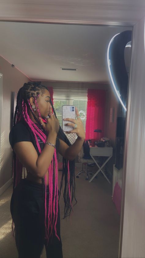 Pink A Boo Braids, Peak A Boo Braids Pink, Peck A Boo Braids, Peek A Boo Faux Locs, Peeks Boo Braids, Pink And Black Bohemian Braids, Pink And Black Braids With Beads, Peakaboobraids Pink And Black, Black And Pink Peek A Boo Box Braids