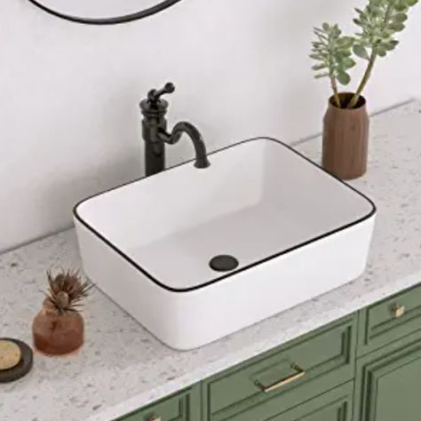 DeerValley DV-1V0002 Bathroom Sink 19" x 15" Backroom Vessel Sink Rectangular Above Counter Vessel Sink, White Body Black Trim Countertop Basin Bathroom, Charming Bathroom, Console Bathroom Sink, White Vessel Sink, Rectangular Vessel Sink, Rectangular Sink Bathroom, Undermount Bathroom Sink, Vessel Bathroom Sink, Countertop Basin