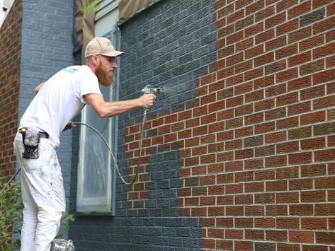 Spray painting a houses brick exterior in Scio Township Stained Brick Exterior, Black Brick House Exterior, Painting Brick Exterior, Brick And Siding Exterior, Black Brick House, Painting Brick, Best Exterior House Paint, Red Brick Exteriors, Painted Brick Exteriors