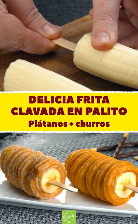 Delicia frita clavada en palito. Plátano-churros: plátanos envueltos en pasta choux, fritos y cubiertos con azúcar y canela. ¡Para fanáticos de los churros! #churros #platano #churroplatano #dulces #dulcesfritos #azucar #canela #pastachoux Churro Coffee, Cafeteria Food, Warm Desserts, Mexican Dessert, Chocolate Chip Banana Bread, Fair Food Recipes, Pie Dessert, Unhealthy Food, Cooking Recipes Desserts