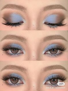 Simple Colour Eyeshadow, Makeup For Baby Blue Dress, Formal Makeup For Blue Dress, Makeup For Light Blue Dress, Light Blue Prom Makeup, Sky Blue Makeup, Sliver Makeup, Maternity Hair, Baby Blue Eyeshadow