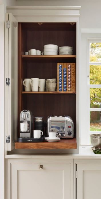 Tea Station - breakfront style with Pull out tray Blue Kitchen Inspiration, Crockery Storage, Dining Room Built Ins, Kitchy Kitchen, Breakfast Station, Kitchen Work Station, Kitchen 2023, Coffee Station Kitchen, Slide Out Shelves