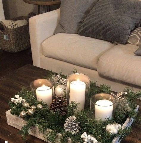 60 DIY Dollar Tree Christmas Decor and Crafts Ideas to Get your Home Christmas Ready in a Jiffy - Hike n Dip Dining Table Center Piece Ideas Modern, Ottoman Tray Decor Ideas Christmas, Modern Chic Christmas Decor, Thanks Giving Table Decorations, Minimal Winter Decor, Boho Christmas Mantle Decor, Minimalist Winter Decor, Modern Traditional Christmas Decor, Christmas Tv Console Decor