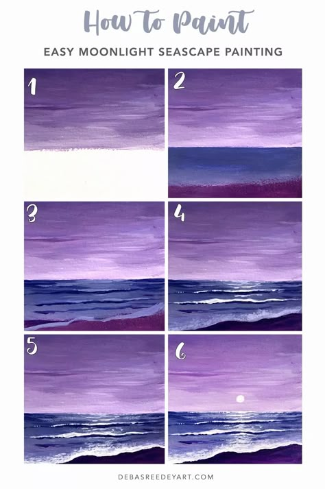 Moonlight Beach Painting, Seascape Paintings Easy, How To Paint Step By Step Easy, Diy Step By Step Canvas Painting Easy, Paint Tutorials For Beginners, Easy Painting Landscape, Acrylic Painting Seascape, Acrylic Painting Tutorials Step By Step Landscape, Easy Beginner Painting Ideas