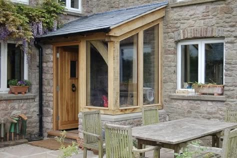 Wooden corner porch Stone Bungalow, Sliding Door Exterior, Front Door Portico, Door Portico, Cottage Entrance, Front Extension, House Refurbishment, Porch Extension, Decor Corner