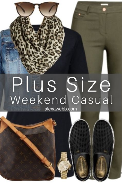 Plus Size Casual Outfit Idea - Khaki Skinnies, Leopard Scarf, Denim Jacket, LV Crossbody Purse and Slip-On Sneakers - Alexa Webb Women’s Plus Size Casual Outfits, Womens Plus Size Casual Outfits, Plus Size Fall Casual Outfits 2022, Jean Jacket Outfits Plus Size Casual, Winter Layering Outfits Plus Size, Leopard Slip On Shoes Outfit, Size 1x Outfits, Women’s Fall Outfit Ideas, Plus Casual Outfits Plus Size