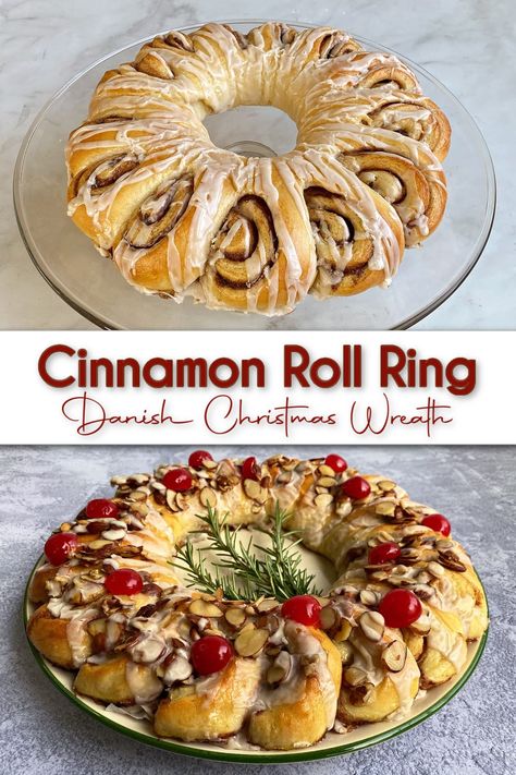 Surprisingly easy to make, this scrumptious, festive cinnamon roll ring makes an impressive presentation. Serve it simply iced, or dress it up with a sprinkling of caramelized almonds and maraschino cherries. Perfect for a holiday brunch or any special occasion. Cinnamon Roll Ring, Cinnamon Bun Wreath, Cinnamon Roll Wreath Christmas, Christmas Baked Goods Gifts, Christmas Buns, Cinnamon Roll Christmas, Cinnamon Roll Wreath, Tea Ring Recipe, Christmas Danish