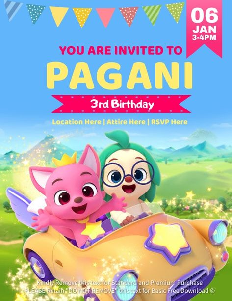 Pinkfong Hogi Birthday Party, Hogi Pinkfong Birthday Theme, Pinkfong Birthday Party, Pinkfong Wonderstar, Fox Birthday Party, Kids Invitation, Fox Birthday, Party Flyers, Happy Birthday Template