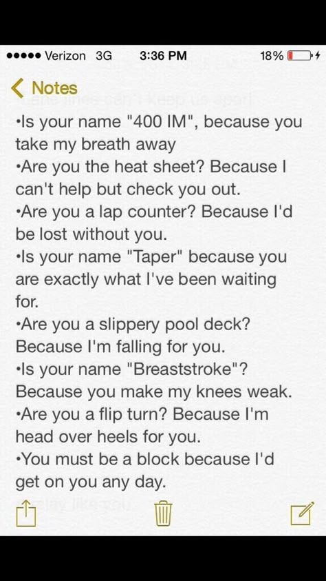 I might actually use these. Swimmer Pick Up Lines Funny, Swim Pickup Lines, Swimming Pick Up Lines, Swim Team Quotes, Swimming Quotes Funny, Swimmer Memes, Swimmer Quotes, Swimming Jokes, Swimmer Girl Problems