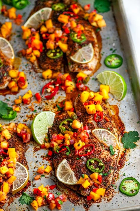 Sheet Pan Chili Lime Tilapia - A delicious Mexican inspired seafood dinner recipe done in a quick 15 minutes on just ONE pan! Gluten and dairy free. From aberdeenskitchen.com #sheetpan #chili #lime #tilapia #onepan #onepot #glutenfree #dairyfree #seafood #fish #Mexican #dinner #recipe Tilapia Recipes Sheet Pan, One Pan Tilapia And Veggies, Mexican Food Recipes Seafood, Tilapia Lime Recipes, Gluten Free Dairy Free Tilapia Recipes, Chili Lime Tilapia, Tilapia Recipes Baked Sheet Pan, Tilapia And Sweet Potato Recipes, Dairy Free Tilapia Recipes