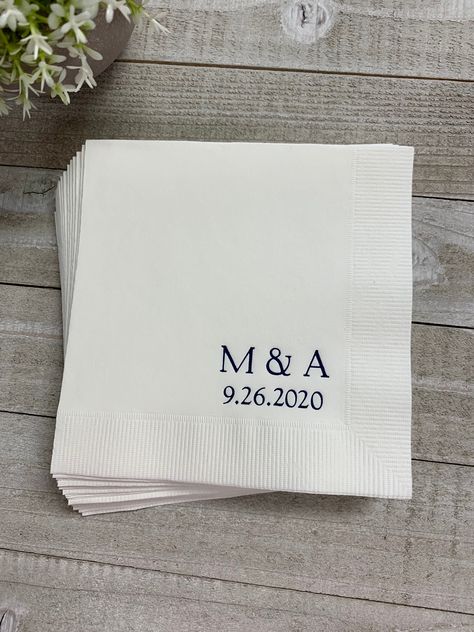 "WE HAVE BEEN PRINTING PERSONALIZED NAPKINS FOR OVER 25 YEARS! WE ARE OPEN 7 DAYS PER WEEK, PLEASE FEEL FREE TO CALL US WITH ANY QUESTIONS: 352-513-3190 This listing is for 50 personalized 3 Ply Premium Quality Napkins.You may buy as many as you need. If you need 50 buy 1...if you need 100 buy 2...if you need 150 buy 3..if you need 200 buy 4 and so on! Select your napkin size! Beverage 5\" x 5\" folded Luncheon 6.5\" x 6.5\" folded Dinner (Rectangular) 4.5\" x 8\" folded Guest Towel 4.5\" x 8\" Engagement Party Dinner, Wedding Personal Touches, Personalized Napkins Wedding, Wedding Cocktail Napkins, Minimalist Wedding Decor, Wedding Napkins Personalized, Yacht Wedding, Napkins Wedding, Wedding Personalized