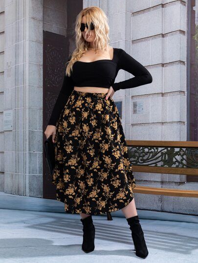 Plus Allover Floral Print Skirt | SHEIN USA Look Plus Size, Looks Street Style, Floral Print Skirt, Plus Size Kleidung, Plus Size Skirts, Mode Inspo, Curvy Girl Outfits, Alternative Outfits, Curvy Outfits