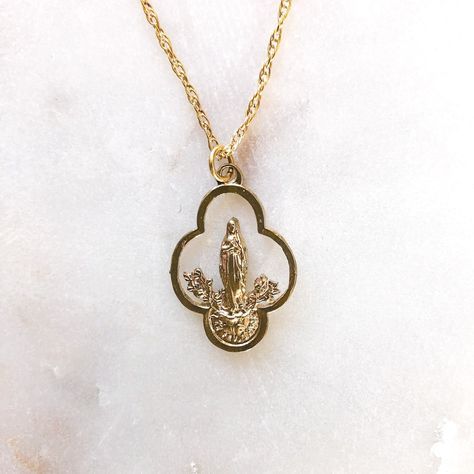 Vintage replica necklace of Our Lady of Lourdes with flowers. Suspended from 16" or 18" 14k gold filled chain. Stunning Catholic jewelry. Gold Catholic Jewelry, Virgen Maria Necklace, Natural Jewelry, Texas Necklace, Catholic Necklace, Lady Of Lourdes, Our Lady Of Lourdes, Catholic Jewelry, Christian Jewelry