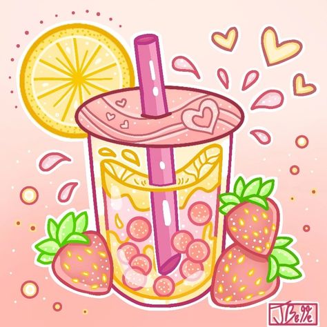 Strawberry Lemonade Wallpaper, Pink Lemonade Drawing, Strawberry Lemonade Drawing, Boba Art Aesthetic, Kawaii Boba Tea Drawing, Drink Drawing Aesthetic, Pink Drink Drawing, Pink Boba Aesthetic, Cute Drink Drawings