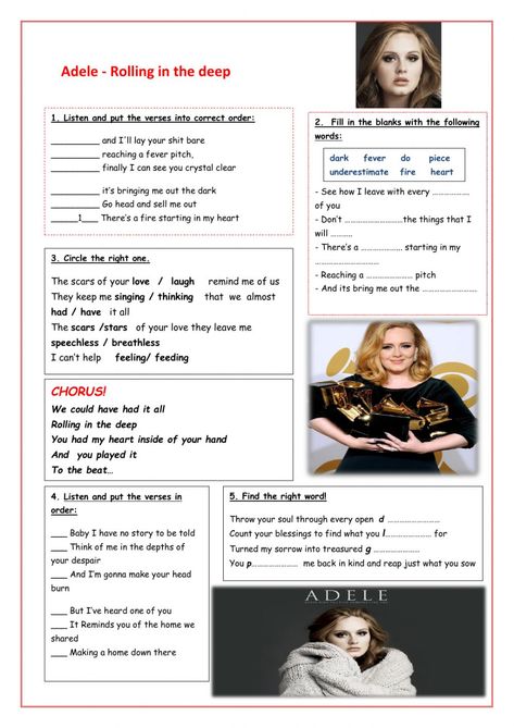 Song Lyrics Worksheet, Lyrics Worksheet, Eng Songs, Adele Playlist, Go Easy On Me Adele Lyrics, Water Under The Bridge Adele Lyrics, English Classes For Kids, Song Worksheet, Adele Rolling In The Deep