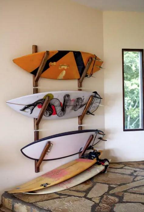 Surf Storage Ideas, Surf Board Display, Surf Board Rack Diy, Diy Paddle Board Rack, Diy Surfboard Rack, Surfboard Storage Ideas, Surf Rack Wall, Board Rack Diy, Surf Board Storage