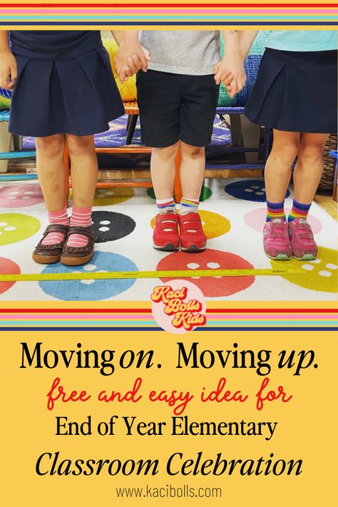 At the end of the year teachers are TIRED. Here is a FREE, FUN, and EASY way to have a moving up celebration for your classroom. K-2 teachers, you and your students will love this and you will want to make it an end of year tradition! If you don't have a kindergarten graduation but would love to have a moving up ceremony - this is for you! Read more here: www.kacibolls.com/blog Preschool Moving Up Ceremony Ideas, Move Up Day Ideas School, Kindergarten Celebration Ideas, Kindergarten Moving Up Ceremony, Moving Up Ceremony Preschool, End Of Year Kindergarten, Kindergarten Parent, End Of Year Party, Kindergarten Graduation