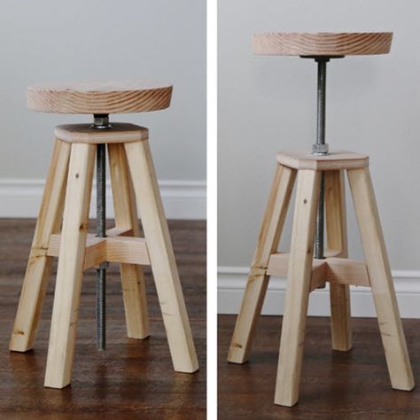 How To Build An Adjustable Height Wood And Metal Stool Workshop Stool Diy, Adjustable Height Chair, Diy Kitchen Stools, Diy Bar Chairs, Diy Swivel Bar Stools, Barstool Diy, Farmhouse Furniture Diy, Bar Chairs Diy, Workbench Stool