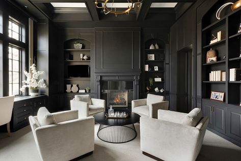 Recreate the look of this moody study with these regional, national, and international makers American Living Room Design, Moody Study, Painted Built Ins, Office With Fireplace, Midwest Home, American Living Room, Sitting Room Design, Black Rooms, Transitional Decor Living Room