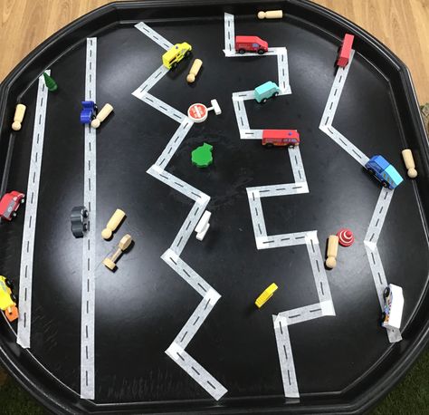 Preschool Activities Cars, Learning Trays Preschool, Transport Tuff Tray Eyfs, Fine Motor Skills Tuff Tray Ideas, Eyfs Nursery Activities, Fine Motor Tuff Tray Ideas Eyfs, Cars Tuff Tray Ideas, Tough Spot Ideas Eyfs, Sensory Tough Tray