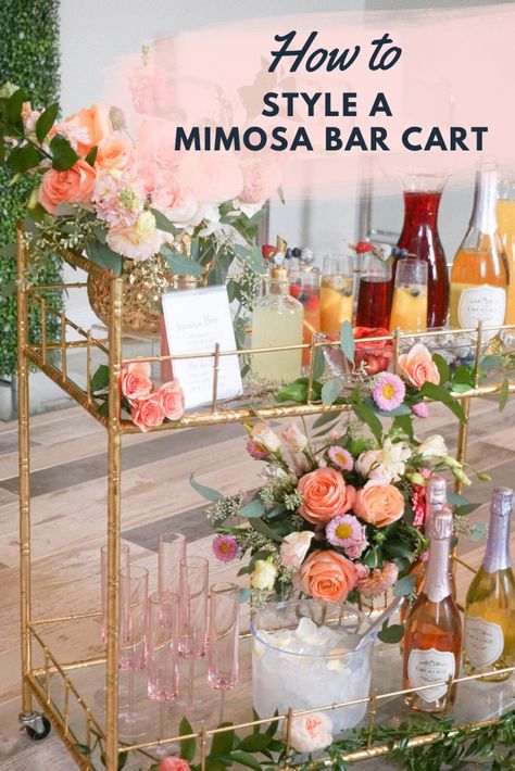 Mimosa Bar Cart, Mimosa Cart, Mimosa Drink, Bar Cart Essentials, Diy Events, Gold Bar Cart, Home Entertaining, Sparkling Cider, Bridal Shower Diy