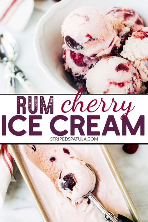 Rich and creamy with chunks of rum-soaked Bing cherries swirled throughout a custard base, this Rum Cherry Ice Cream recipe is a grownup twist on a classic. #icecream #cherries Cherry Ice Cream Recipe, Boozy Ice Cream, Cherry Ice Cream, Bing Cherries, Ice Cream Maker Recipes, Homemade Ice Cream Recipes, Sorbet Recipes, Ice Cream Popsicles, Cream Desserts