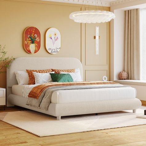 Curve-shaped Beige Teddy Fleece Queen Platform Bed Frame with Thick Upholstered Solid Wood Slat Support Low Profile Panel Bed - Bed Bath & Beyond - 39449781 Queen Platform Bed Frame, Fabric Upholstered Bed, Beige Bed, Adult Bedroom, Teddy Fleece, Queen Platform Bed, Cama Queen, Beds And Headboards, Decoration Inspiration