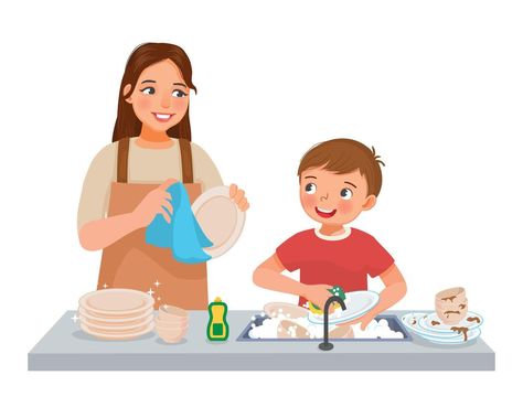 Cute little boy helping mother washing dishes in the kitchen doing housework chores at home Cleaning Drawing, Mom Drawing, Kitchen Chores, Health Book, Kitchen Drawing, Moms Cooking, Kids Cleaning, Wallpaper Flowers, Cute Animal Clipart