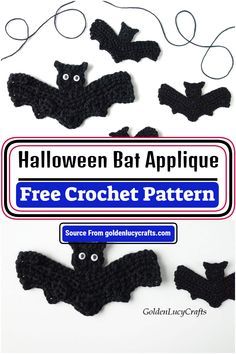 Crochet Bat Decoration, Crocheted Halloween Bats, Crochet Flat Bat Pattern, Crochet Cauldron Applique, Crochet Bats Halloween, Quick Halloween Crochet Projects, Crochet Bats Amigurumi, Crochet Halloween Applique Patterns Free, Bat Applique Free Pattern