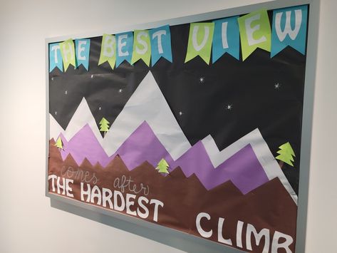 Cricut Bulletin Board Ideas, Mountain Bulletin Board, School Lobby, Western Classroom, Motivational Bulletin Boards, High School Bulletin Boards, Teacher Bulletin Boards, Ra Bulletin Boards, Camping Theme Classroom