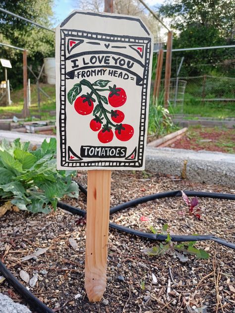 I love you from my head tomatoes! There is nothing like a garden fresh tomato! This wood garden sign is hand painted to look like a seed packet and will add a nice pop of color to your garden. Eating fresh from the garden and farm is the recipe for healthy living. This cute garden sign is hand painted on reclaimed wood in Black and Cream. It is available in 2 sizes, Either 17 inches tall or 12 inches tall.  It looks great in your vegetable, or herb garden, and is perfect for any farm. Item is ma Welcome To Garden Sign, Greenhouse Signs Ideas, Repurposed Items For Garden, Farm Signs Ideas, Painted Garden Signs, Vegetable Garden Decor, Cute Garden Signs, Vegetable Garden Signs, Diy Garden Signs