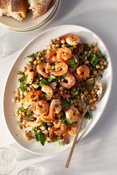 Yasmin Fahr Recipes, Shrimp And Chickpeas Recipe, Shrimp Chickpea, Chic Pea Salad, Nytimes Cooking, Shrimp And Green Beans, Apartment Recipes, Citrus Shrimp, Chickpea Salad Recipe