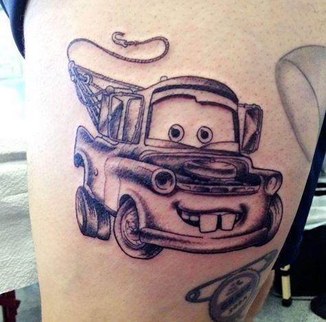 Cars Tattoo Pixar Ball Tattoo, Disney Pixar Tattoo Ideas, Mens Disney Tattoos, Mens Car Tattoos, Pixar Cars Tattoo Ideas, Kachow Tattoo Cars, Tow Mater Tattoo, Cars Movie Tattoo Ideas, Car Theme Tattoos