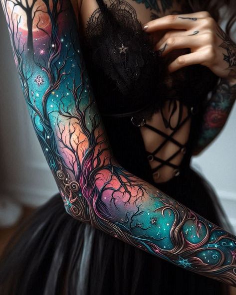 Mythical Sleeve Tattoo, Fairy Arm Sleeve Tattoo, Nature Rib Tattoo, Magic Forest Tattoo, Mother Nature Tattoos Sleeve, Tree Tattoo On Leg, Tattoos That Wrap Around Arm, Forest Animals Tattoo, Elven Tattoo Design